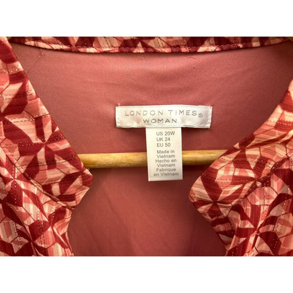 London Times Woman Red Pink Gold Geometric Print Tiered Midi Length Dress 20W - Picture 4 of 6